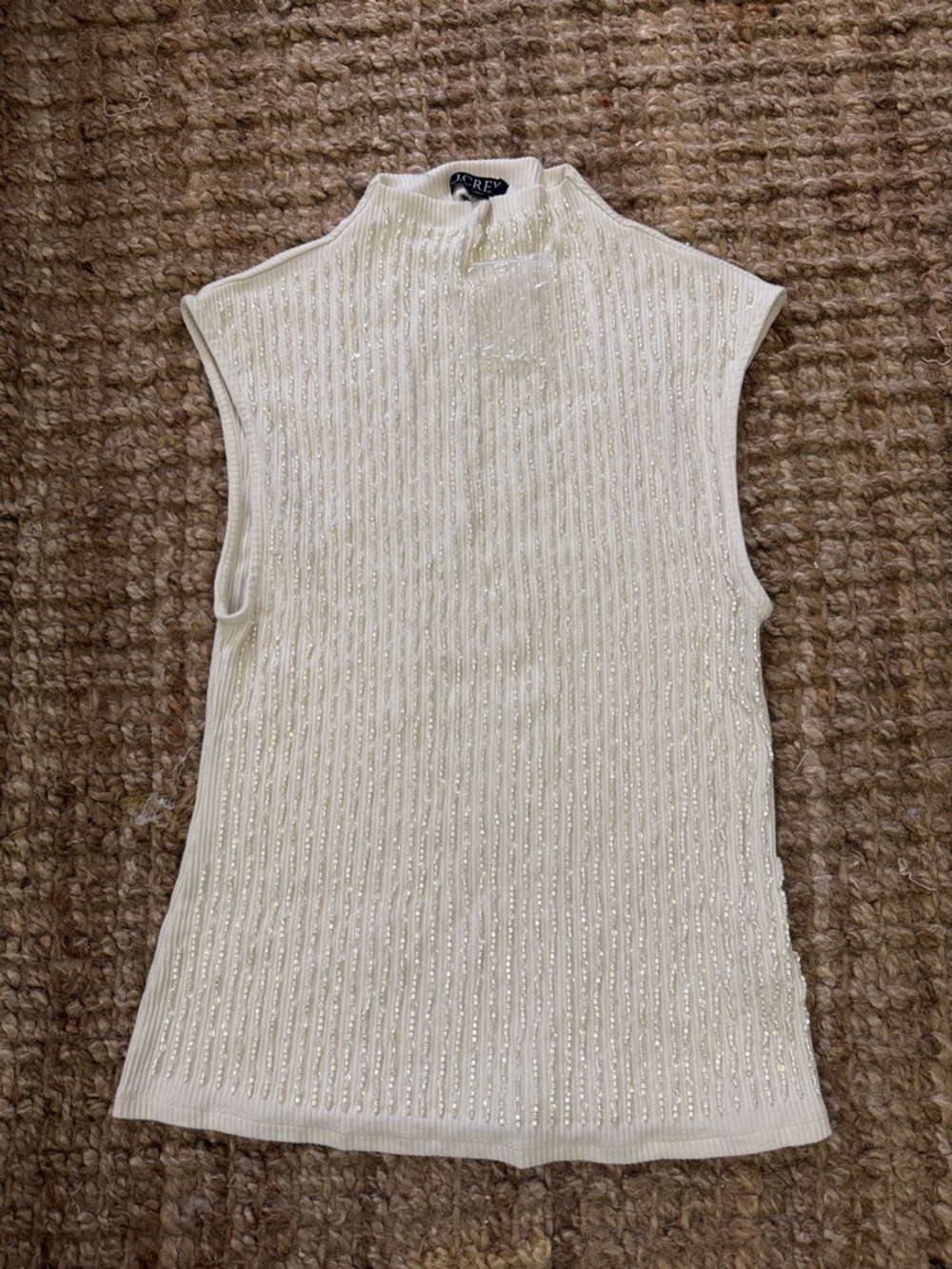 J. Crew Beaded Cream Sleeveless Mock Neck Knit Tank with Metallic Detail